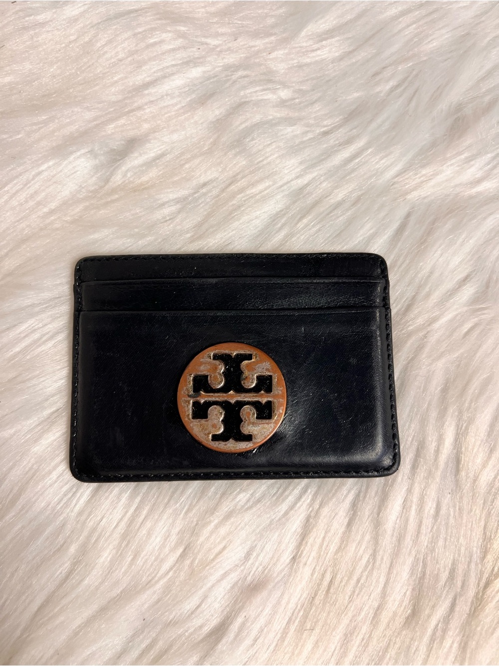 Tory Burch Black Leather Card Holder with Brown Logo Medallion